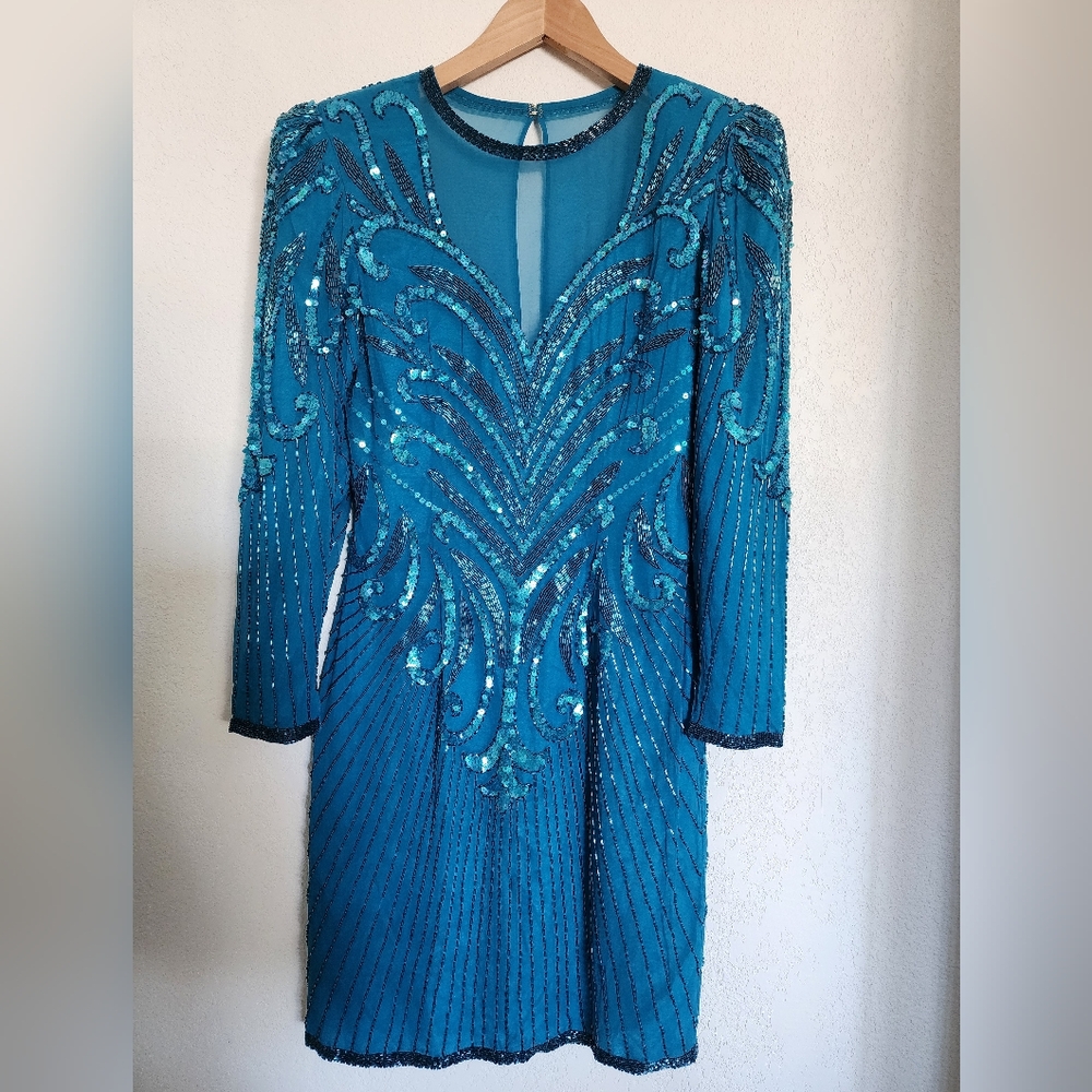 AJ Bari Petite vintage beaded tourquoise blue silk dress